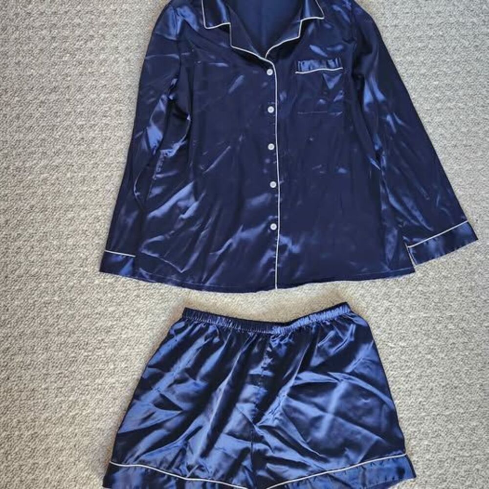 Navy Blue Satin Pajama Short Set Medium